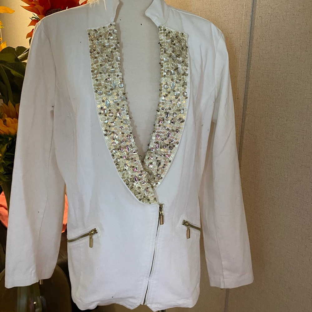 Bedazzled Hot in Hollywood white denim Jacket